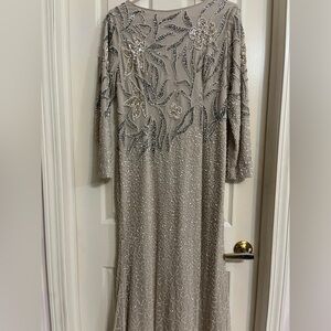 Adrianna Papell Beaded Long Sleeve Dress in Beige and Silver